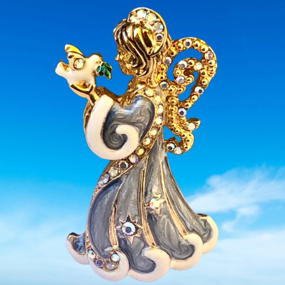 Christopher Radko Vintage Christmas Angel Brooch Blue Enamel Rhinestones Dove